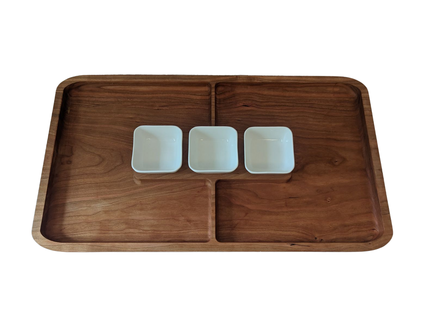Large White Oak Serving Tray with Three Ramekins