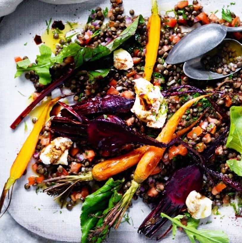 Puy Lentil Salad with Beetroot Roasted Baby Carrots & Labnah