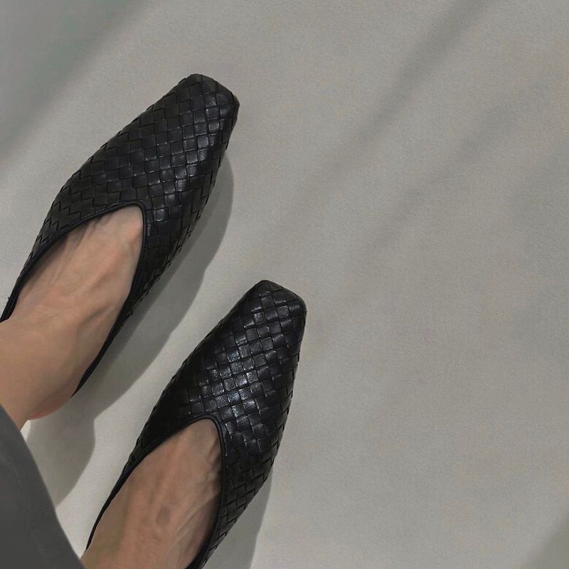 黑色_小方頭牛皮編織穆勒鞋