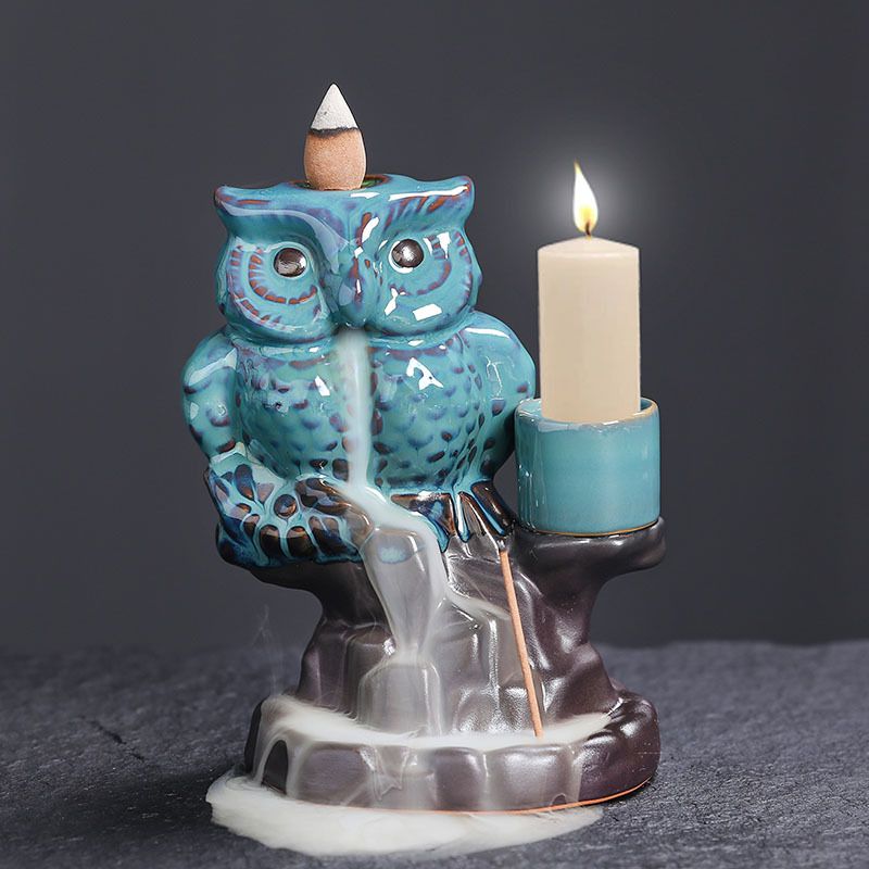 2 IN 1 Creative Ceramic Owl Incense Burner with Back flow Feature and candle holder