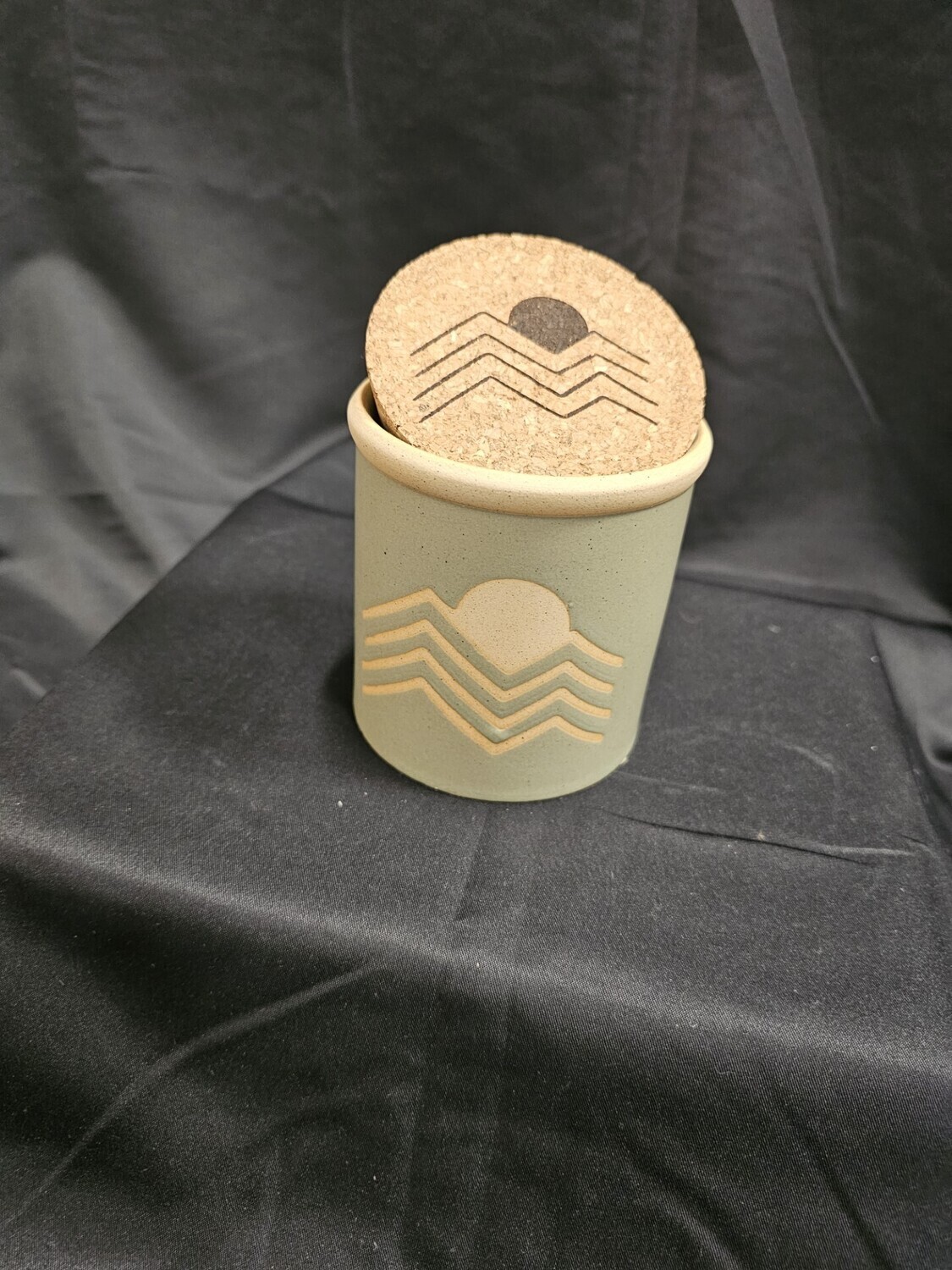 Dune 8oz. Sage Green Ceramic Vessel with Raw Ceramic Design and Cork Lid - Fragrance Eucalyptus Santal
