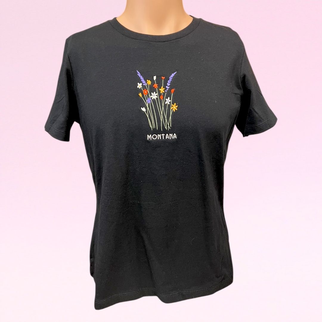Embroidered Montana Wildflowers Ladies T-Shirt, Color: Black, Size: S