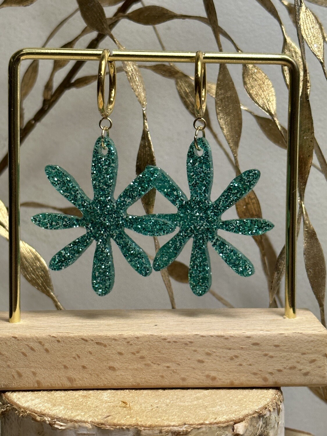 Big flower &amp; ring - Emerald Glitter