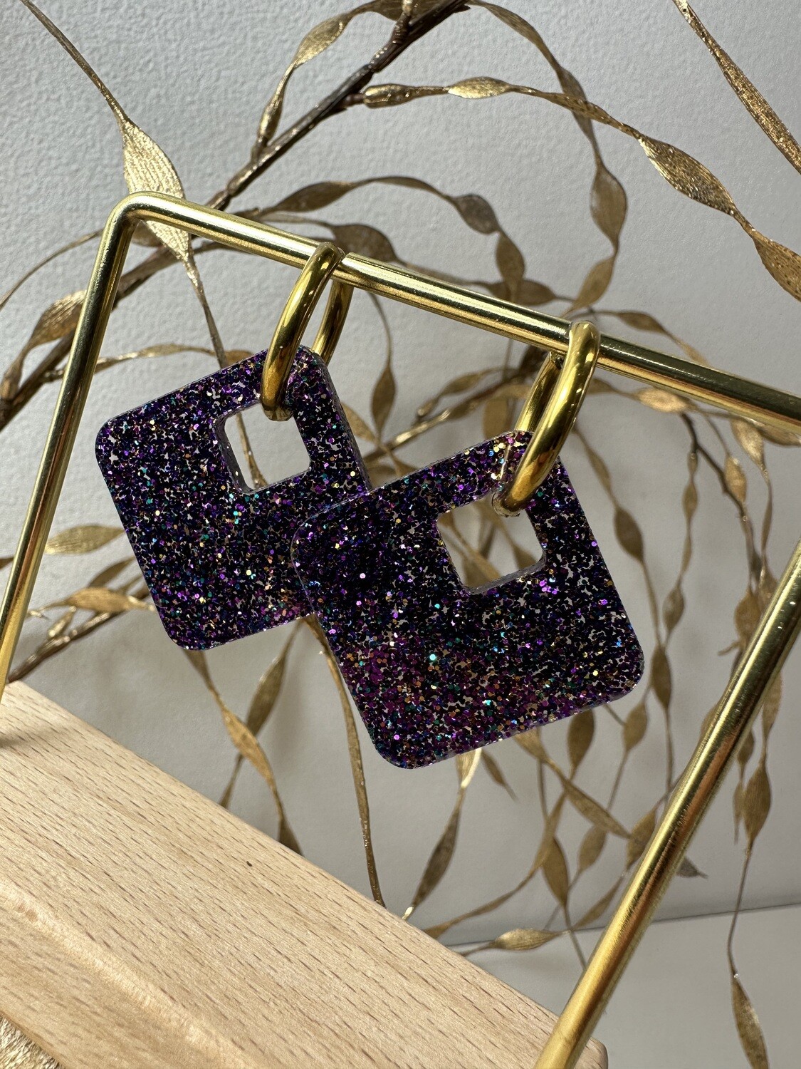 Square &amp; ring - Multi color Purple Glitter