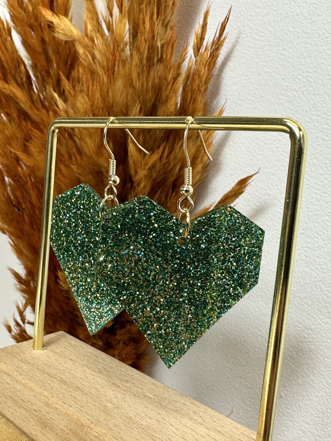Squared heart -Soft green-gold glitter