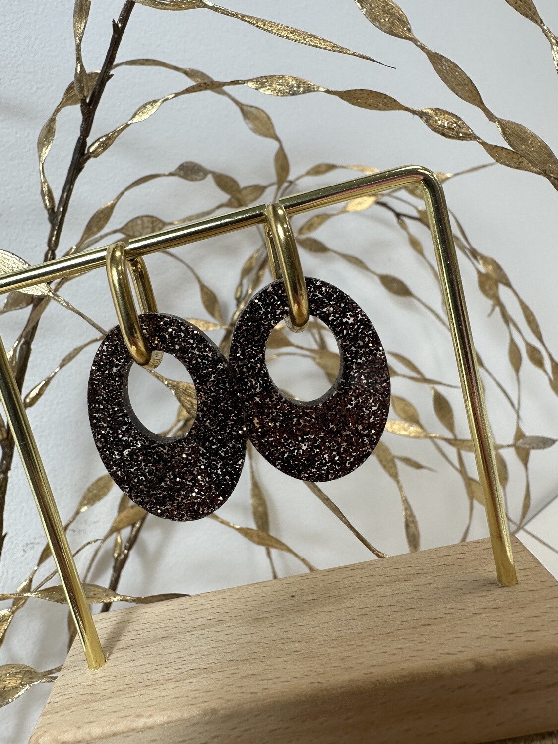 Oval &amp; ring - Dark brown-black glitter