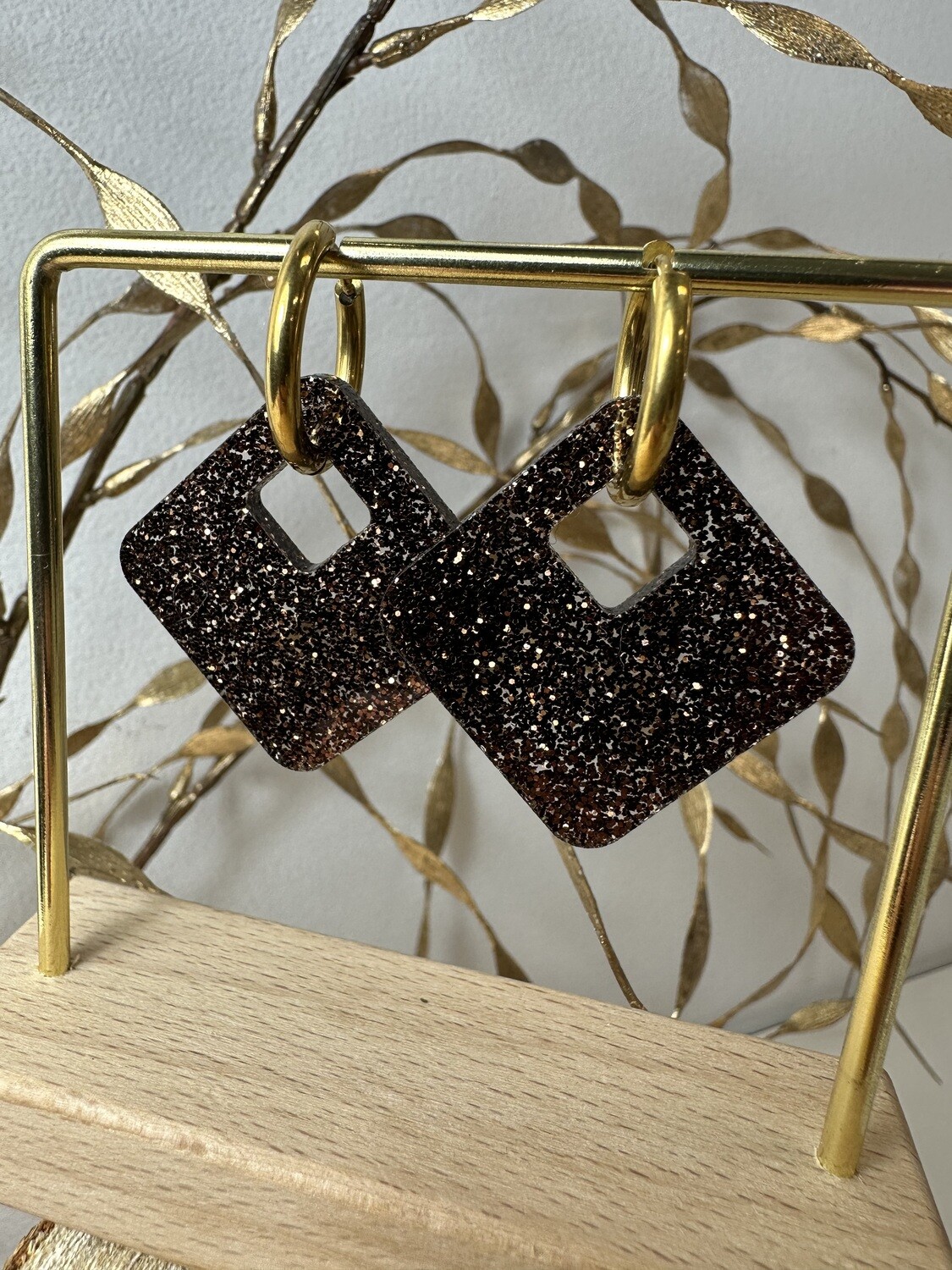 Square &amp; ring - Dark brown-black glitter
