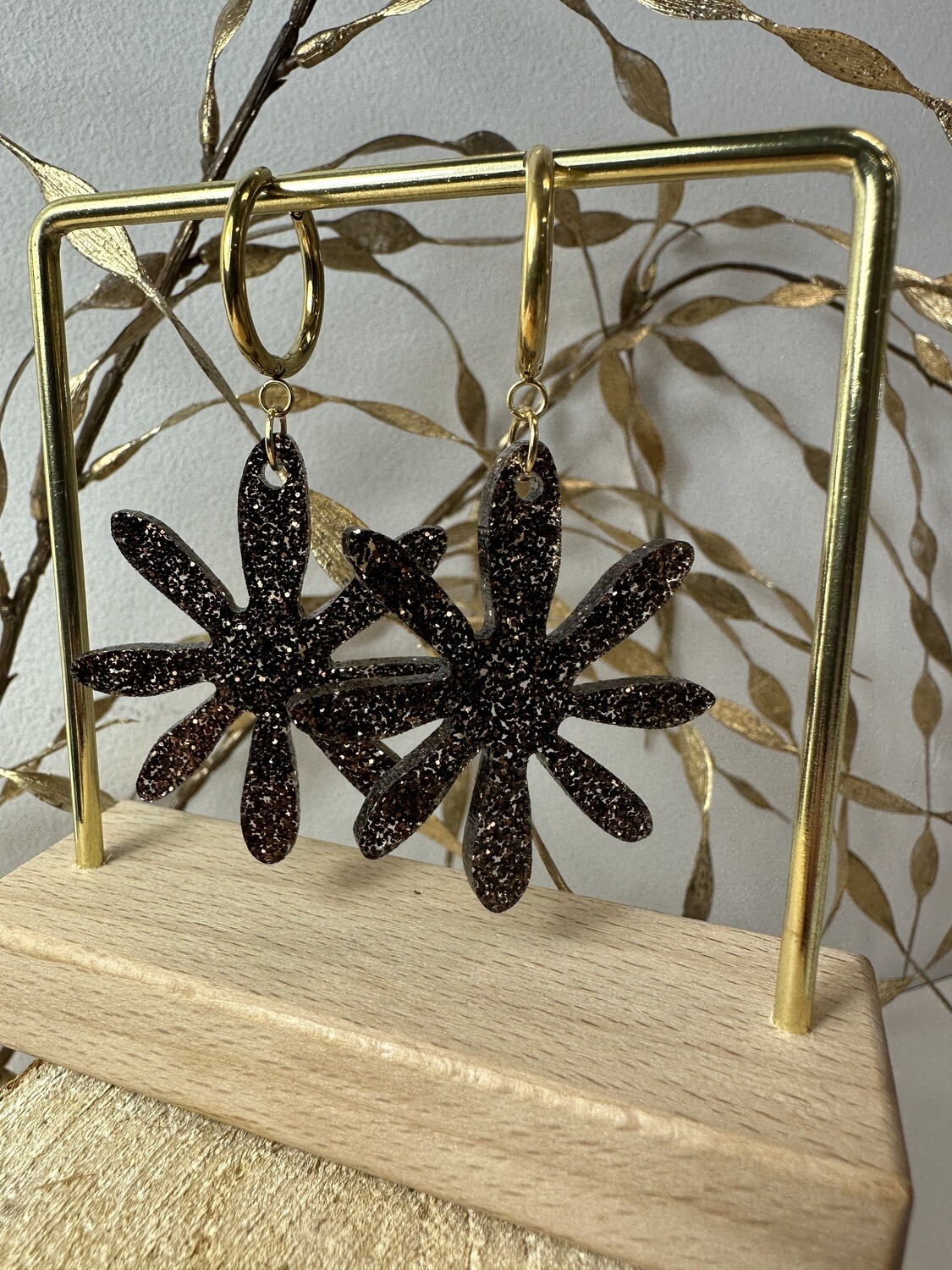 Big flower - Dark brown-black glitter