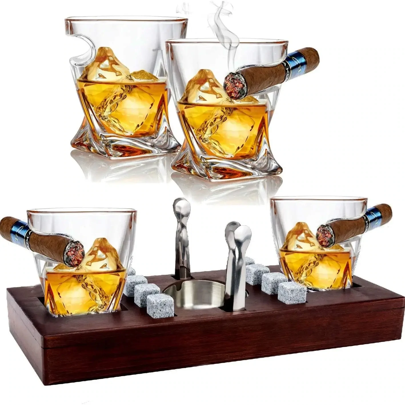 14 Piece Whiskey Glasses Cigar Set With Mahogany Wooden Base