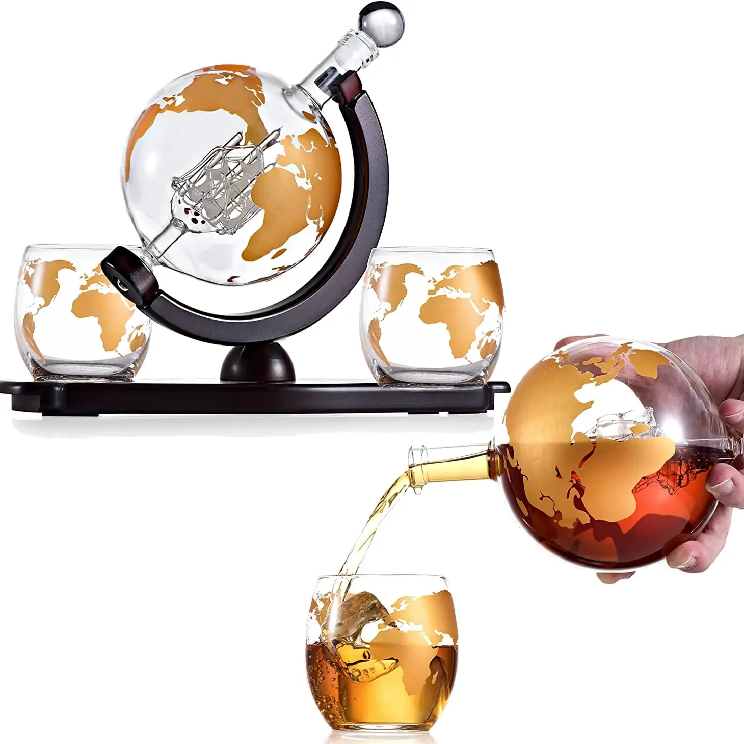 Etched Gold Globe Decanter And Whiskey Glasses