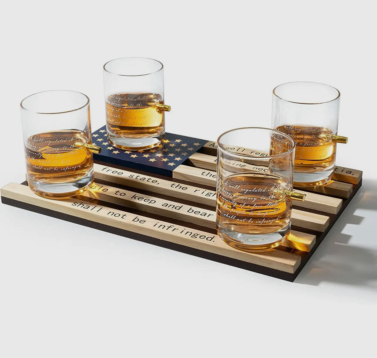 2nd Amendment Whiskey Glasses With Bullet And Flag Base Set