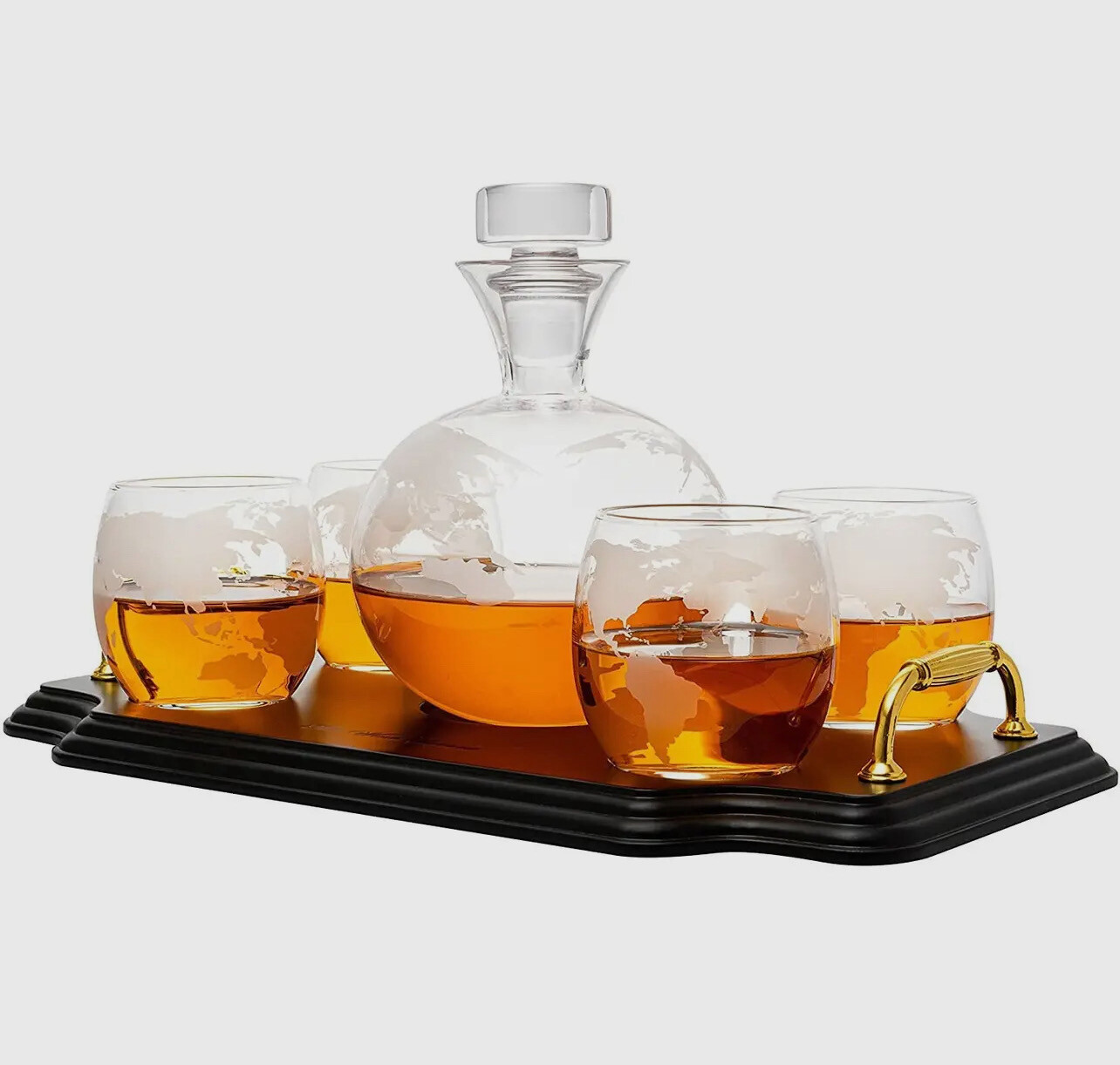 Etched World Map Whiskey Decanter Set With 4 Glasses