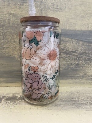 Fall Floral 160zGlass Cup with Bamboo Lid