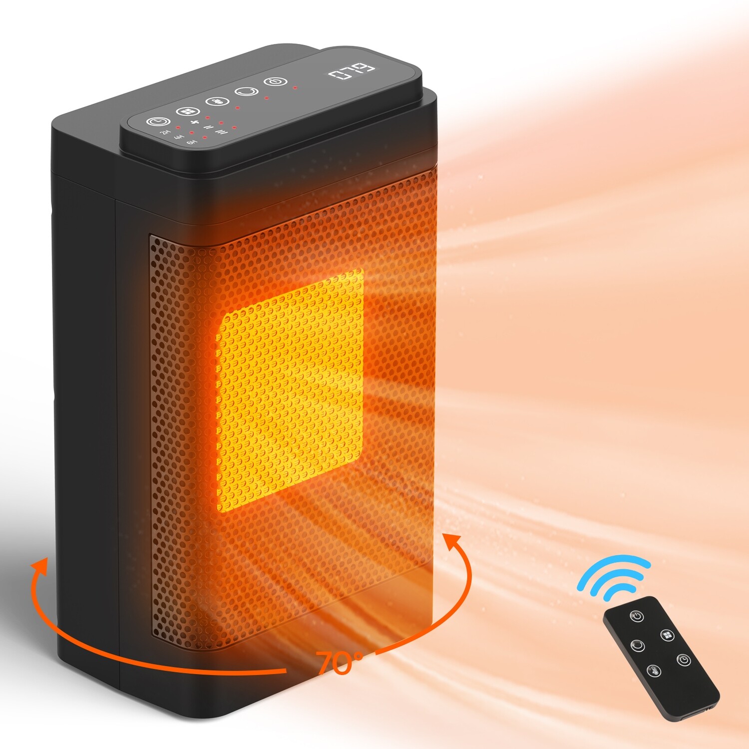 Powerful 1500W Portable Space Heater with fan that oscillates to heat up space in minutes with build-in digital Thermostat from 70 - 115 F°, remote control and 3-speed setting.