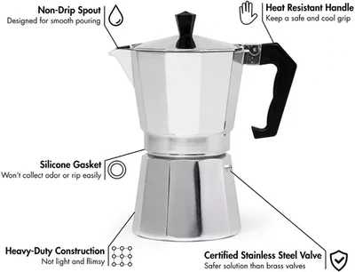 Cafetera Greca Estilo Italiana En Aluminio Para 6 Tazas