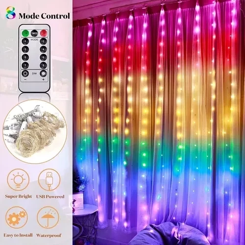 Cortina De Luces Arcoíris 300 Led 3 X 3 M Conector Usb