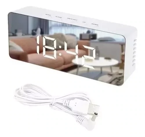 Reloj Despertador Alarma Temperatura Espejo Eléctrico Led