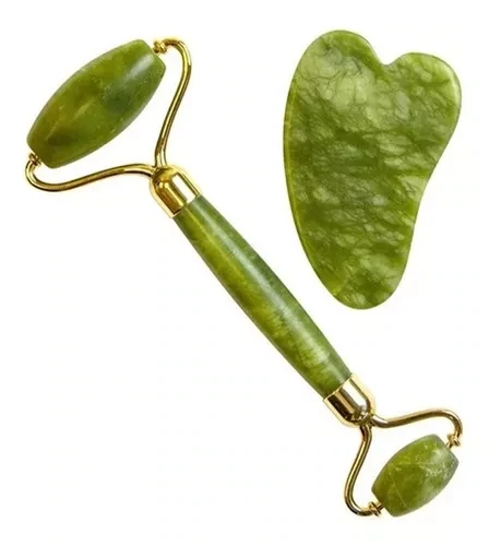 Rodillo Facial Masajeador Surcado Jade + Piedra Gua Sha