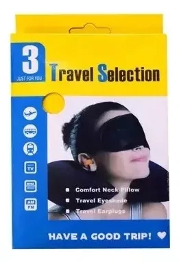 Almohada Inflable Set De Viaje + Cubre Ojos + Tapon P/ Oidos