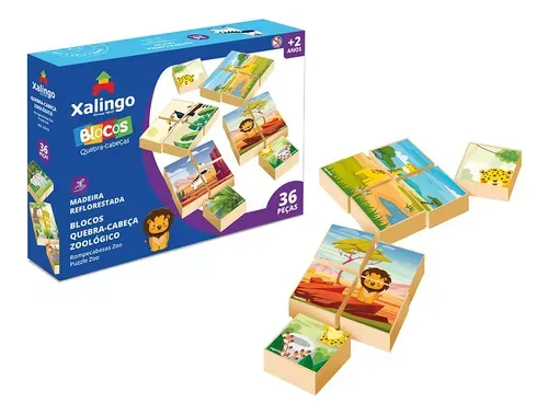Puzzle X4, 36 Cubos De Madera Zoológico, Xalingo, En Caja