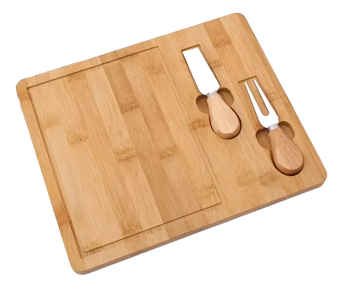 Set Tabla Madera De Bambu Para Picadas Con Cuchillo Y Tenedor
