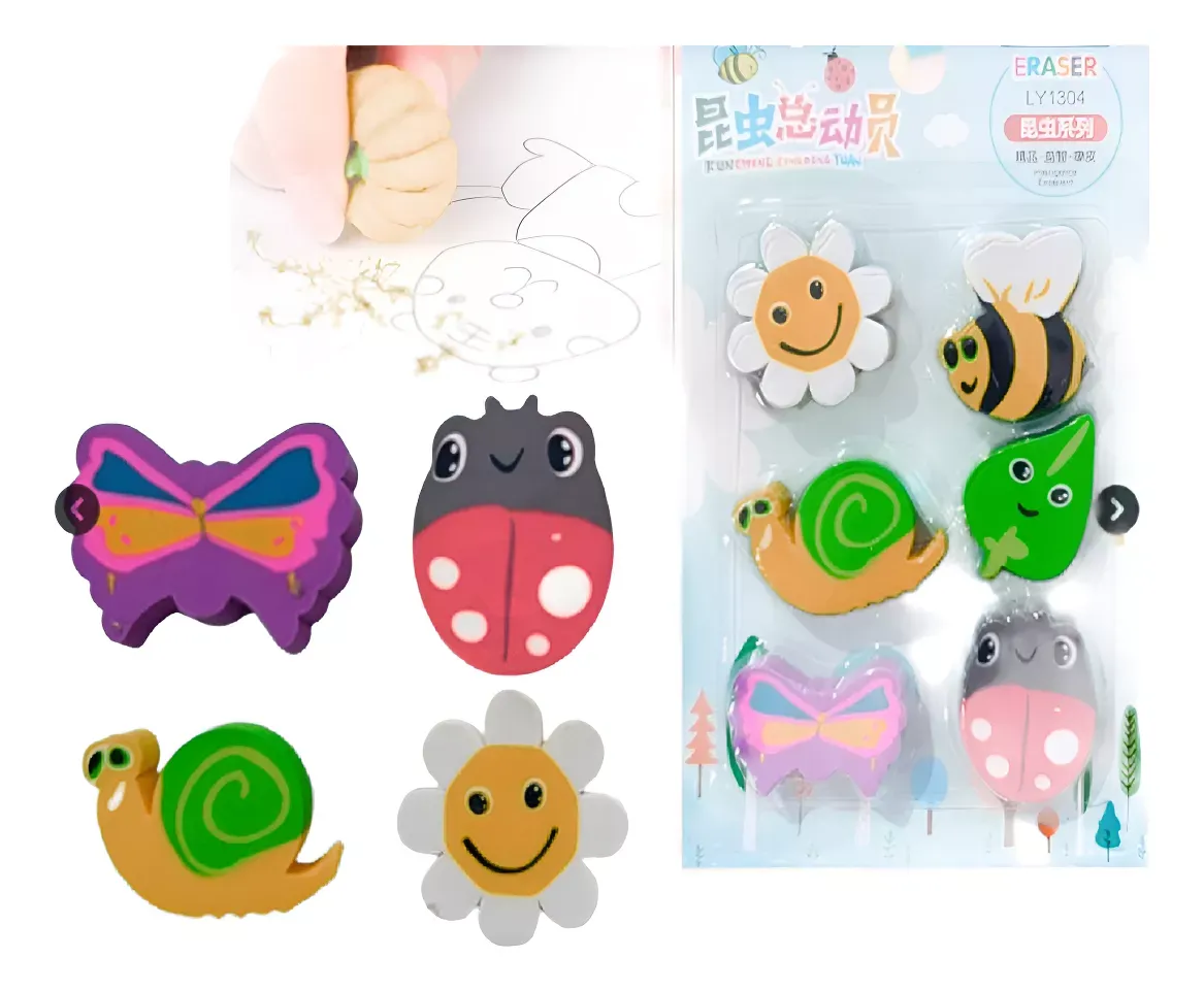 Set Gomitas De Borrar Con De Insectos Y Flores, Gomas De Borrar Infatiles