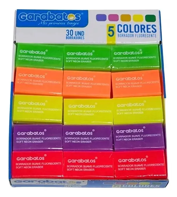 Borrador Fluorescente 30 Gomas De Borrar 5 Colores