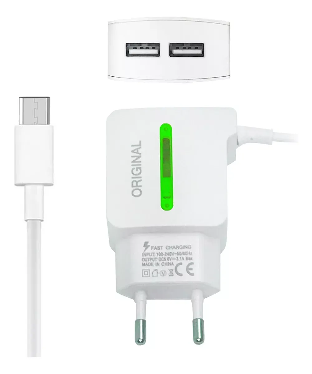 Cargador Con 2 Puertos Usb Salida 5V 3.1A Cable Microusb Carga Rapida