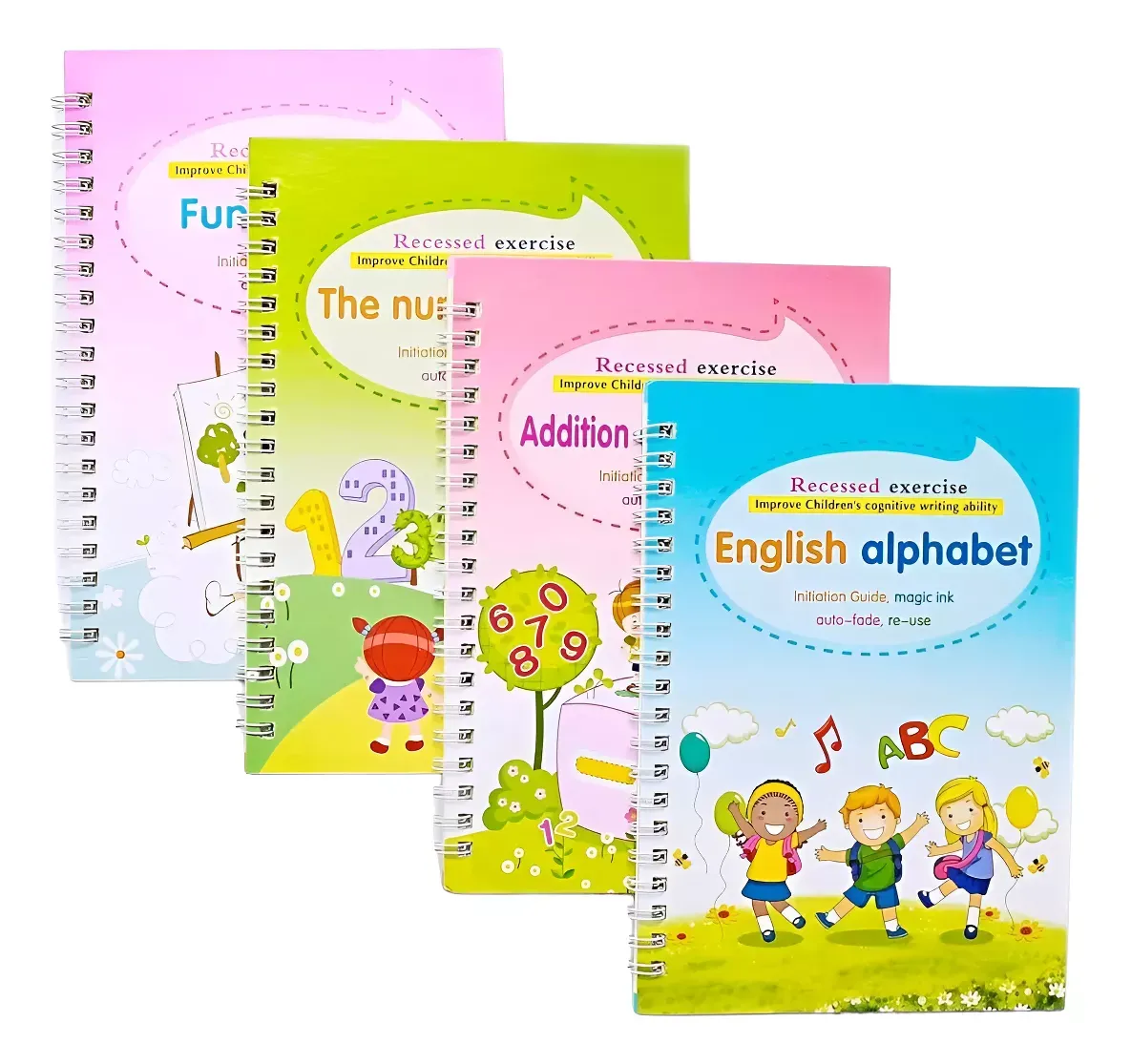 Set 4 Cuadernos Mágicos Para Niños Escritura Y Aprendizaje Abecedario Inglés Cuentas Dibujos