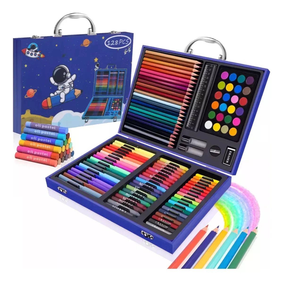 Set De Arte Escolar Valija Azul Con 128 Piezas Diseño Astronauta