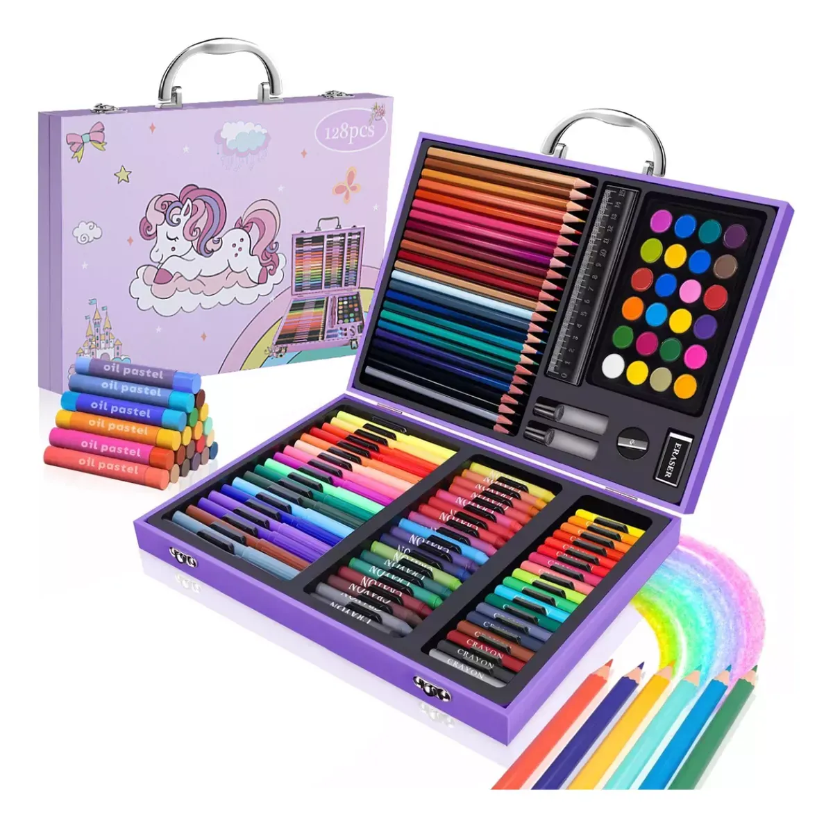Set De Arte Infantil, Valija Rosada Con 128 Piezas set escolar de arte