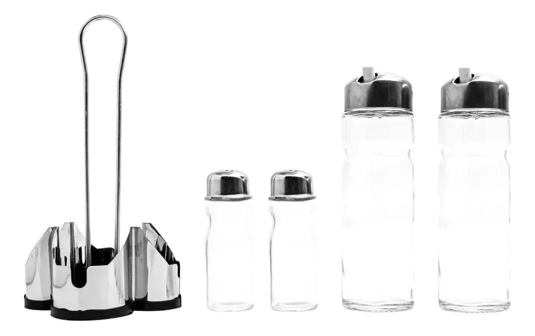 Set Saleros Y Vinagreros Con Soporte de Condimenteros  4 Piezas
