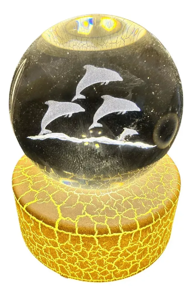 Veladora Lampara 3d Bola De Cristal Delfines Luz Led De 6cm Funciona Enchufada