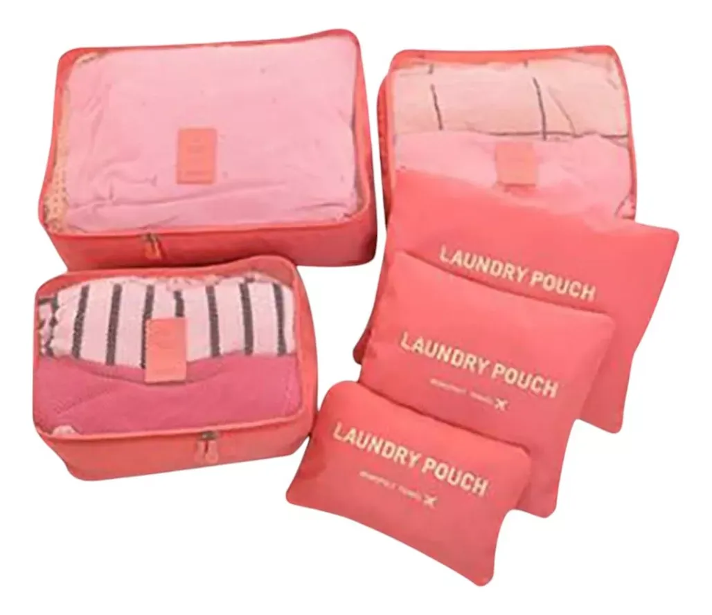 Bolsa De Viaje Con Cremallera Organizador Neceser Rosado 6 piezas.