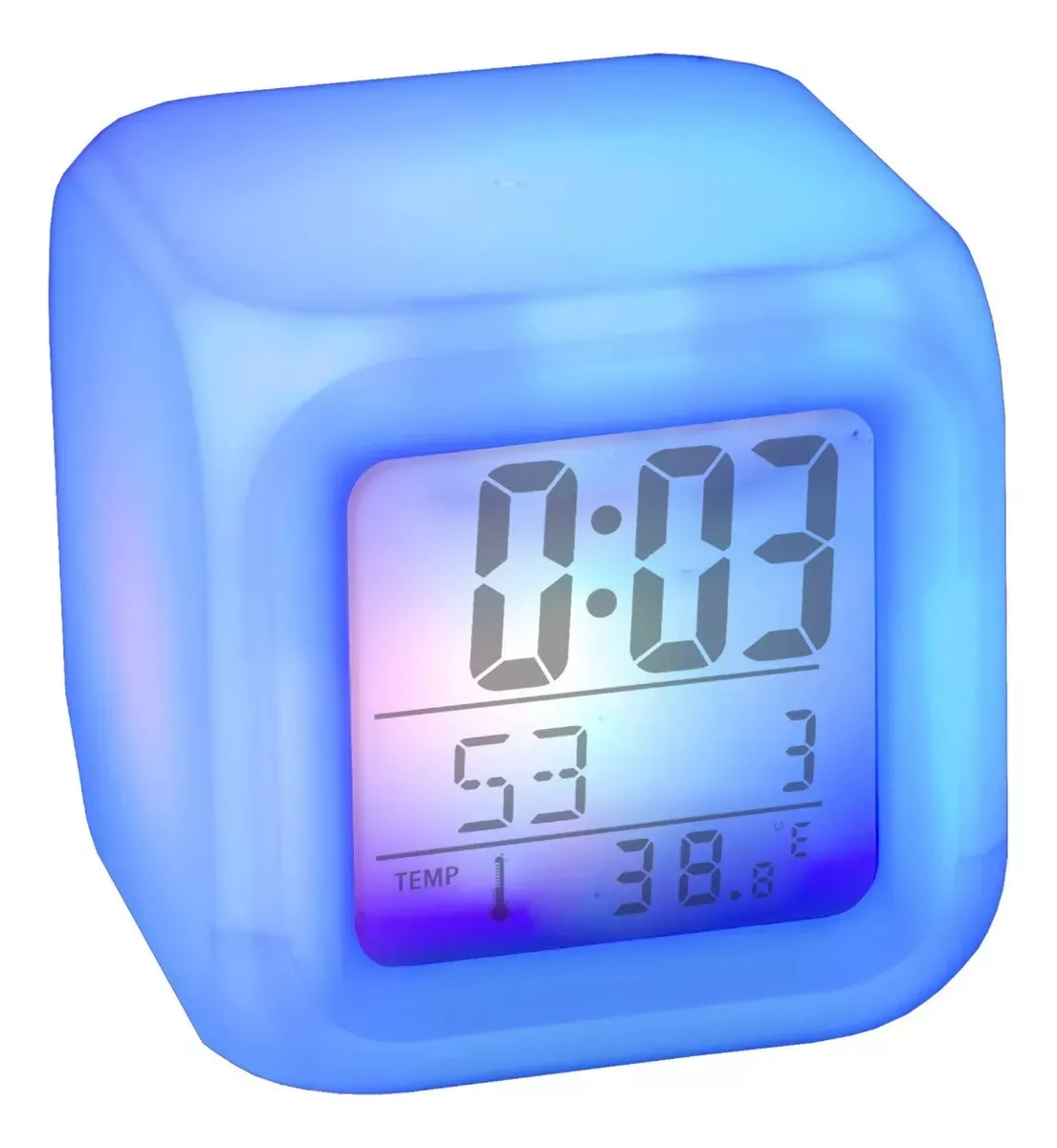 Reloj Despertador Cambia De Colores Con Termometro Tamaño 8 x 8 x 8 cm.