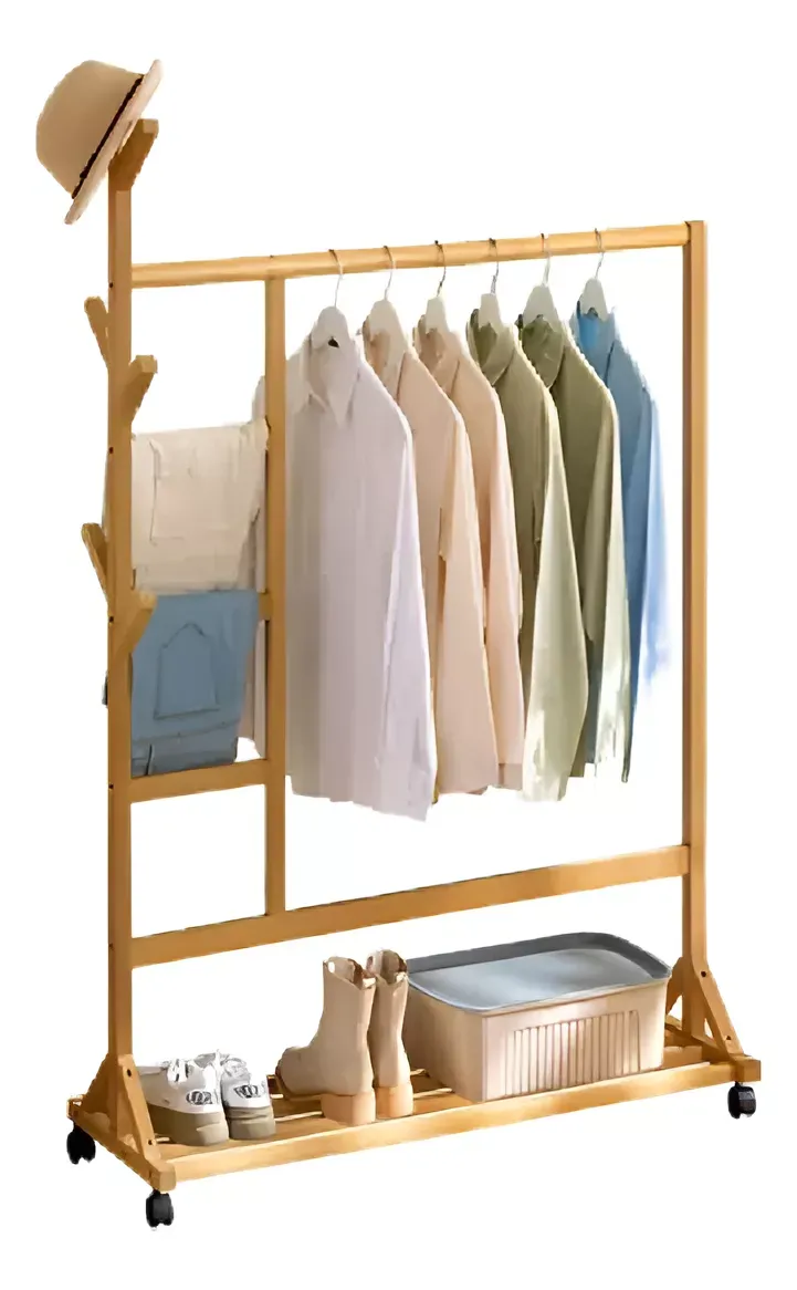 Perchero De Madera Bambu Con Ruedas Mas Estante Zapatera Multifuncional