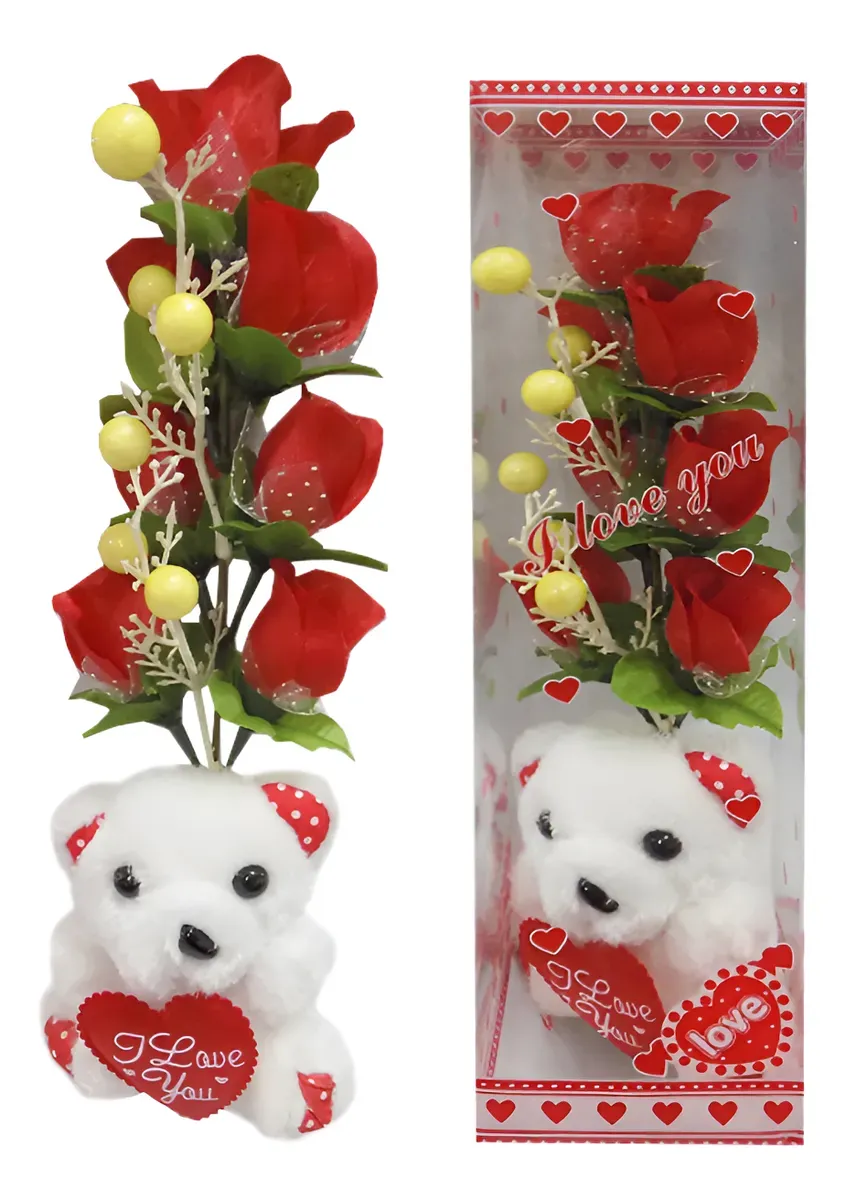 Adorno Regalo Peluche 7 Rosas,  Adorno Osito con Flor En Caja Medidas 9 X 27 X 7 Cm