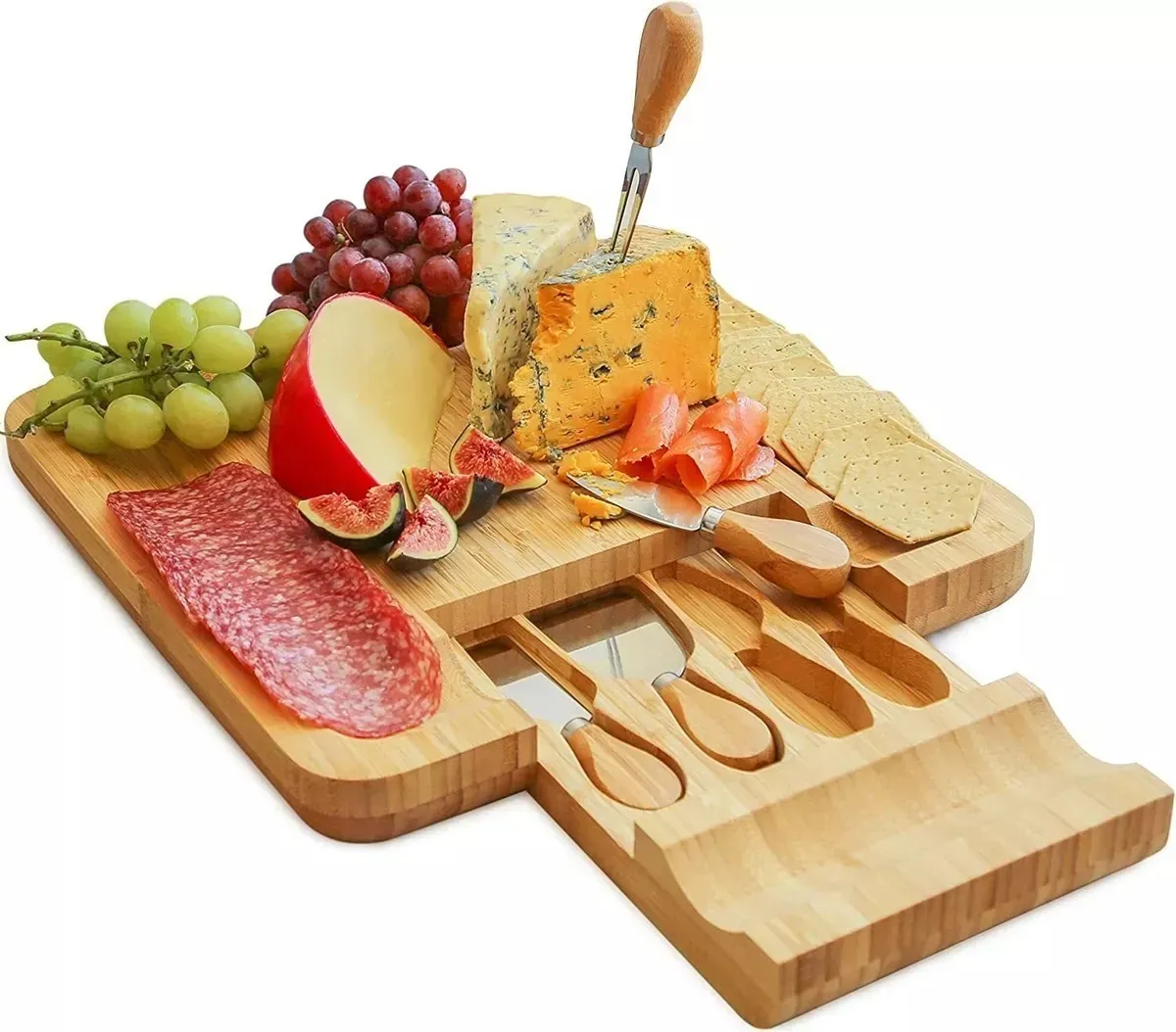 Tabla Para  Picada Cuadrada De Madera Y Utensilios Material Bambú