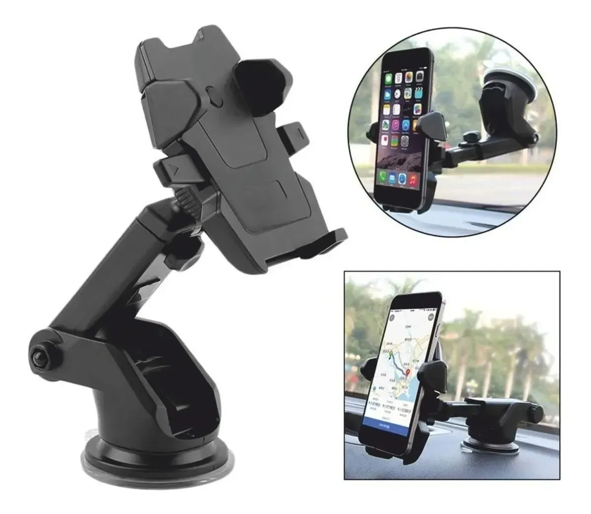 Soporte Para Celular De Auto Vidrio Tablero Ventosa Brazo Ajustable Color Negro