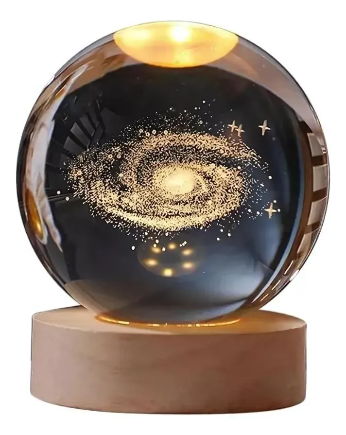 Lampara Galaxia Bola Cristal Led Velador Base Madera 6cm ded Diametro