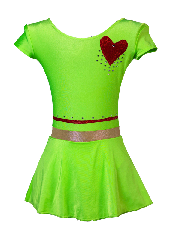 Gimnastični dres fluorescentno rumene barve z rdečim srcem