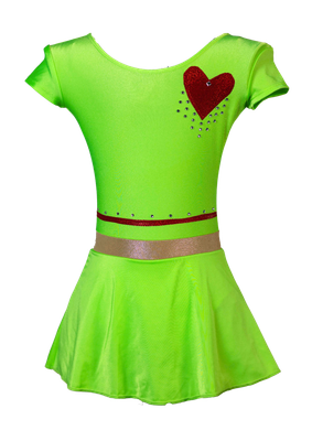 Gimnastični dres fluorescentno rumene barve z rdečim srcem