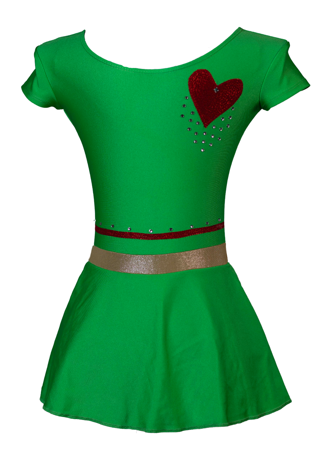 Gimnastični dres zelene barve z rdečim srcem