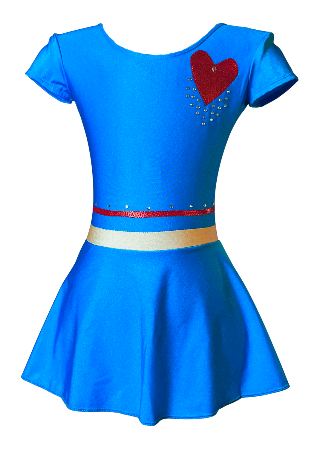 Gimnastični dres turkizne barve z rdečim srcem