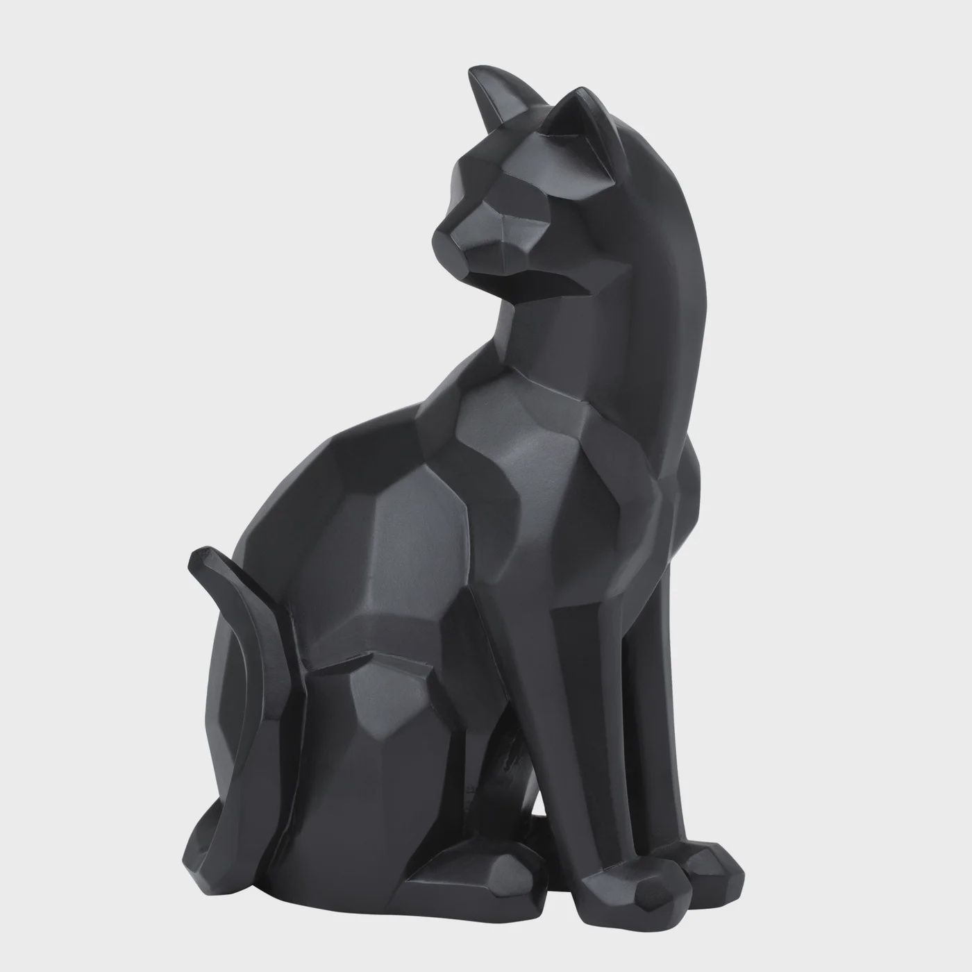 Carved Angle Sitting Cat Decor Sculpture - Black