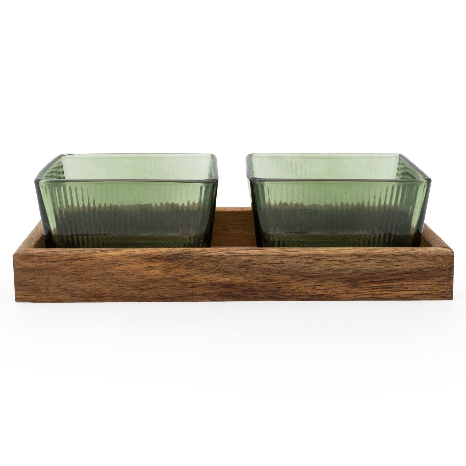 Set of 2 Square Bowls on Acacia Tray Green