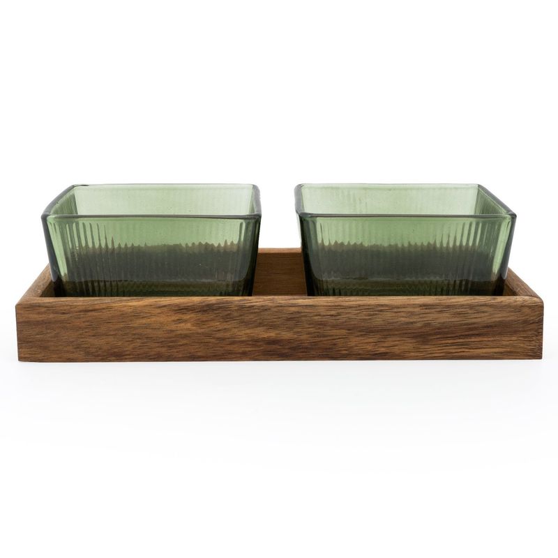 Set of 2 Square Bowls on Acacia Tray Green