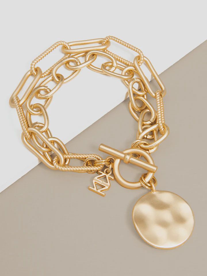 Gold Oval &amp; Paper Clip Links Coin Bracelet