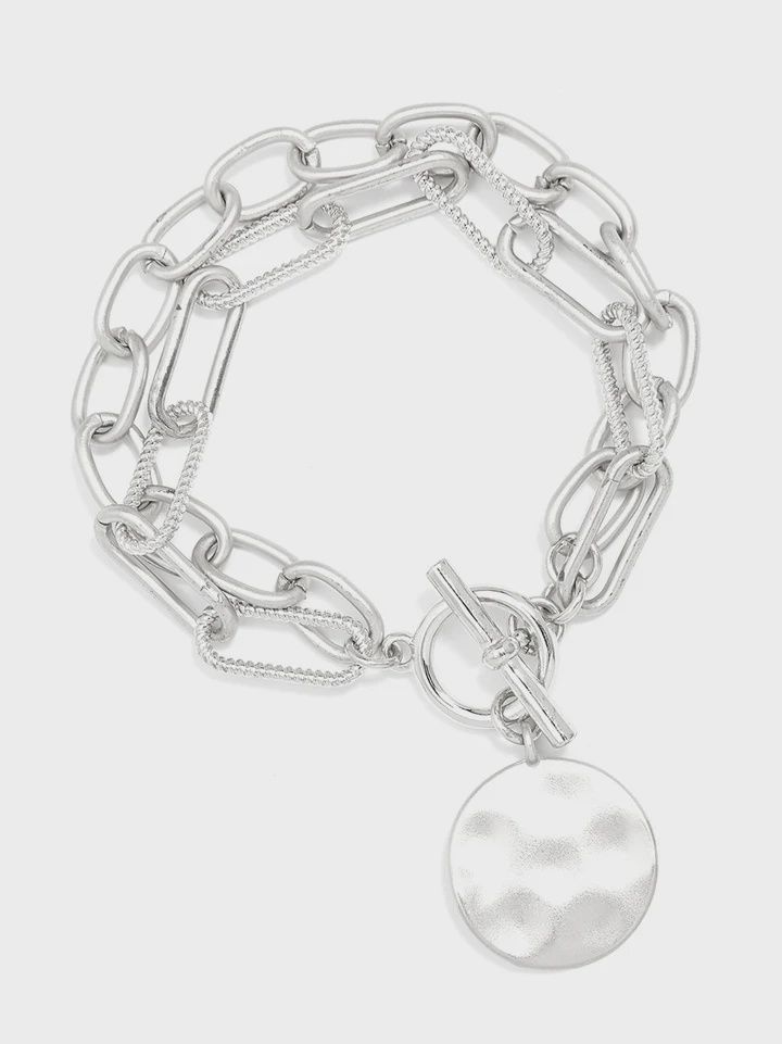 Silver Oval &amp; Paper Clip Links Coin Bracelet
