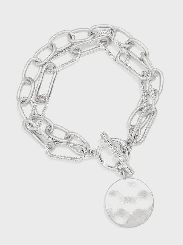 Silver Oval &amp; Paper Clip Links Coin Bracelet